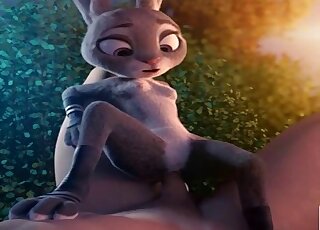 A cute 3D rabbit jumps on a big penis with pleasure